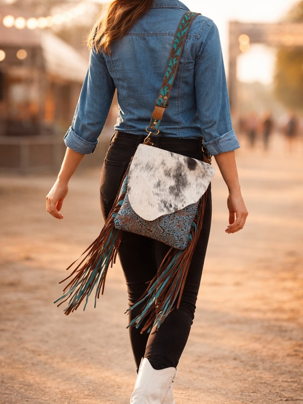 Myra Cowhide Crossbody Bag Conceal Carry Western Boho Leather Fringe Cowgirl